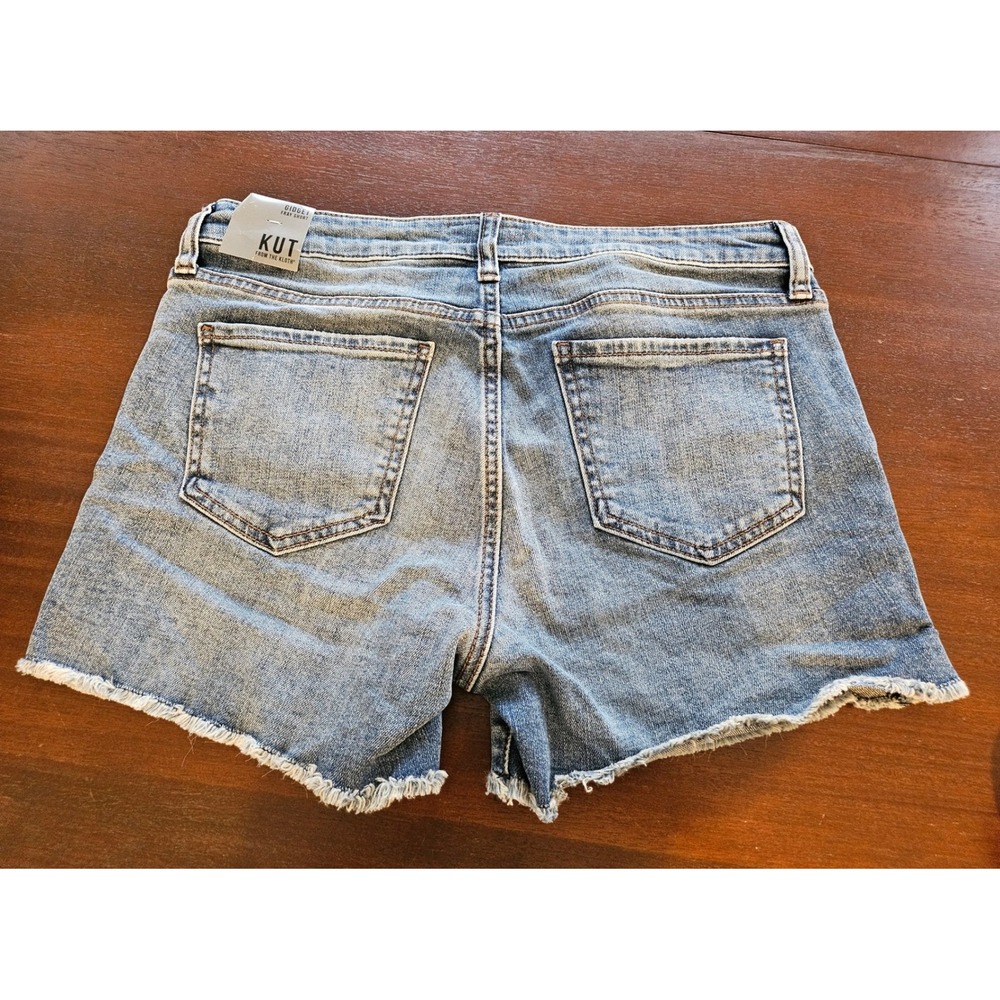 Kut from the Kloth Gidget Fray Shorts Women Size 8 Blue Denim Raw Hem - Picture 2 of 8